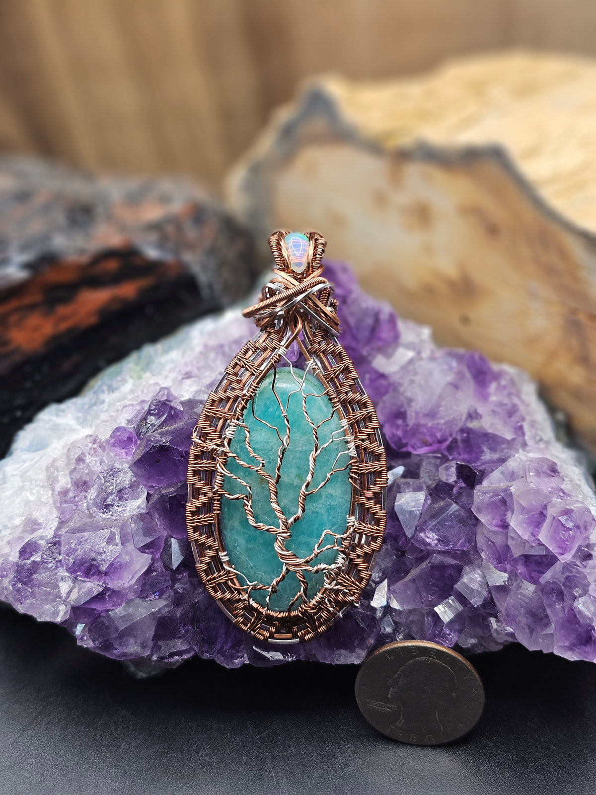 Amazonite Tree of Life with Ethiopian Opal Necklace