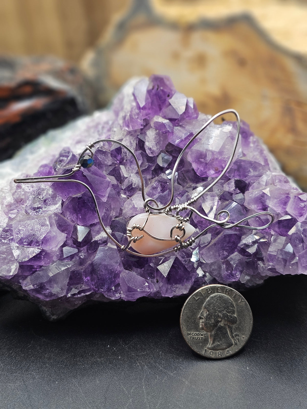 Pink Opal Hummingbird Necklace or Brooch