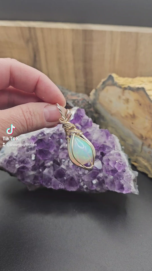 15k Ethiopian Opal 14k Gold Filled And Argentium Silver Wire Wrapped Necklace