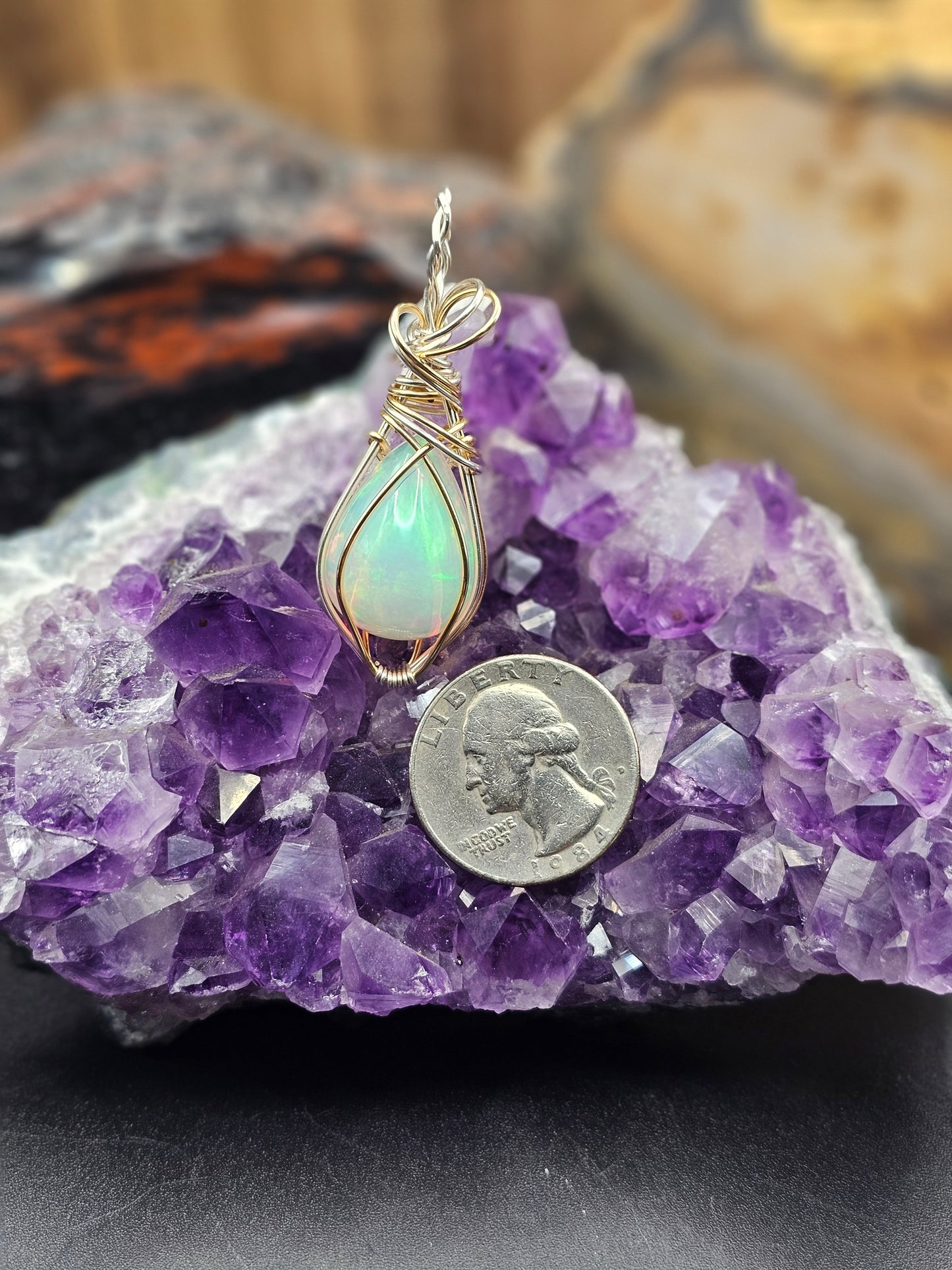 15k Ethiopian Opal 14k Gold Filled And Argentium Silver Wire Wrapped Necklace