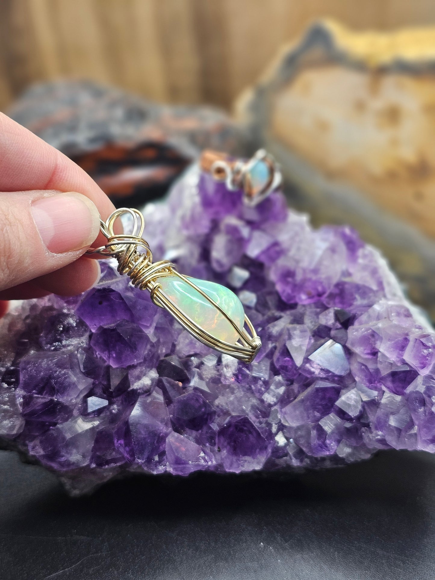 15k Ethiopian Opal 14k Gold Filled And Argentium Silver Wire Wrapped Necklace