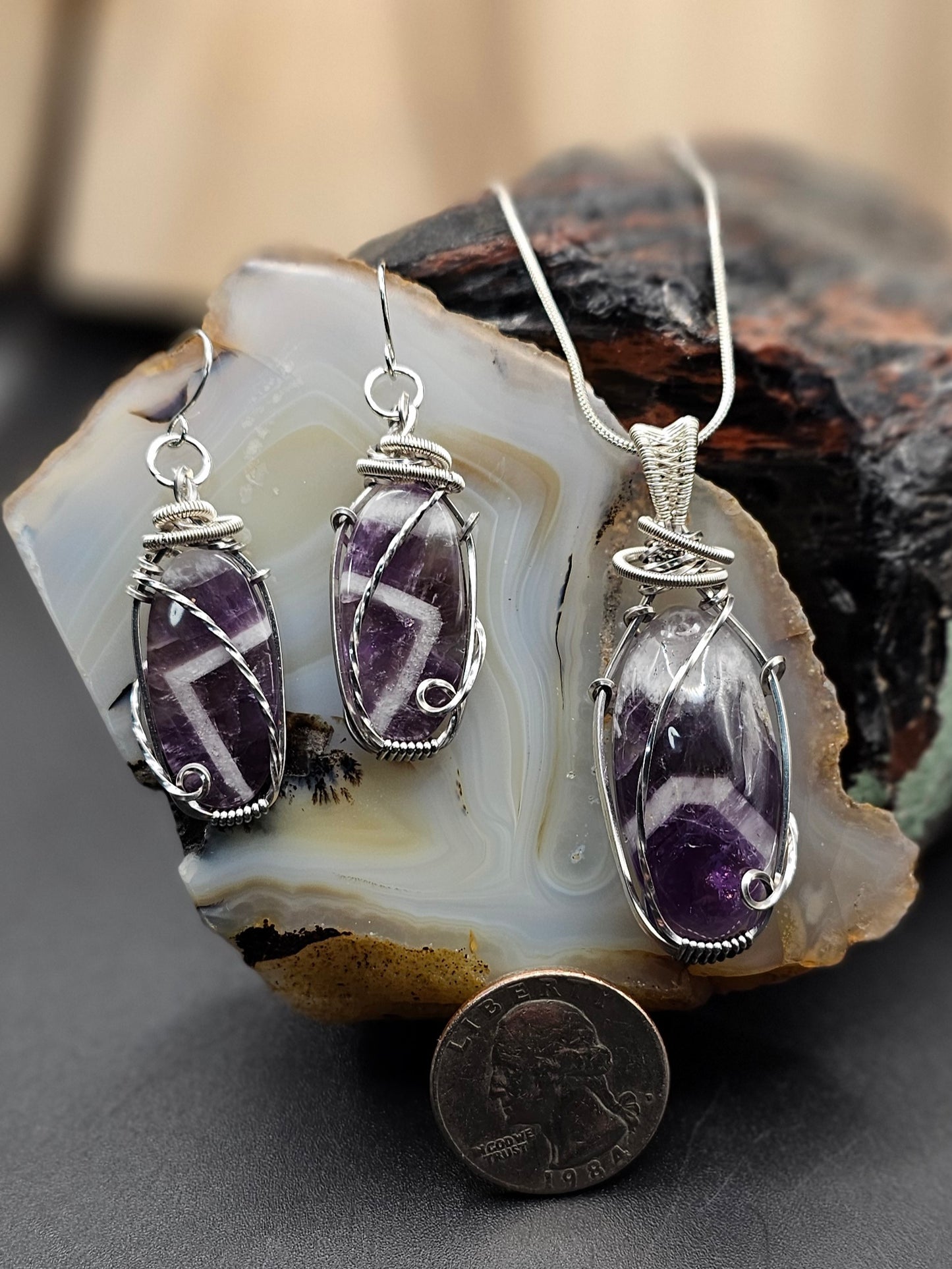 Chevron Amethyst Necklace Earrings Set