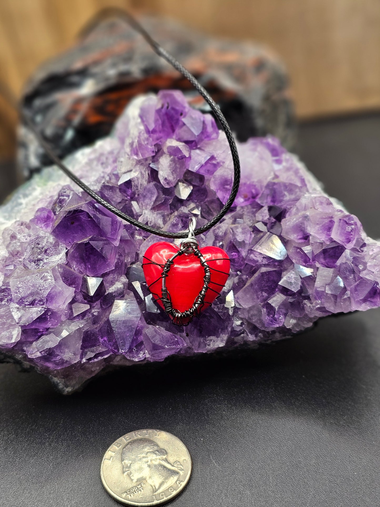 Red Glass Heart Tree of Life Necklace