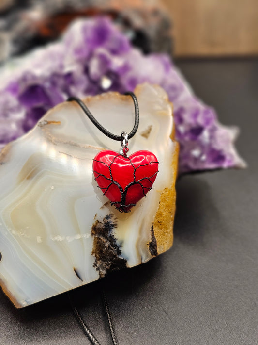 Red Glass Heart Tree of Life Necklace