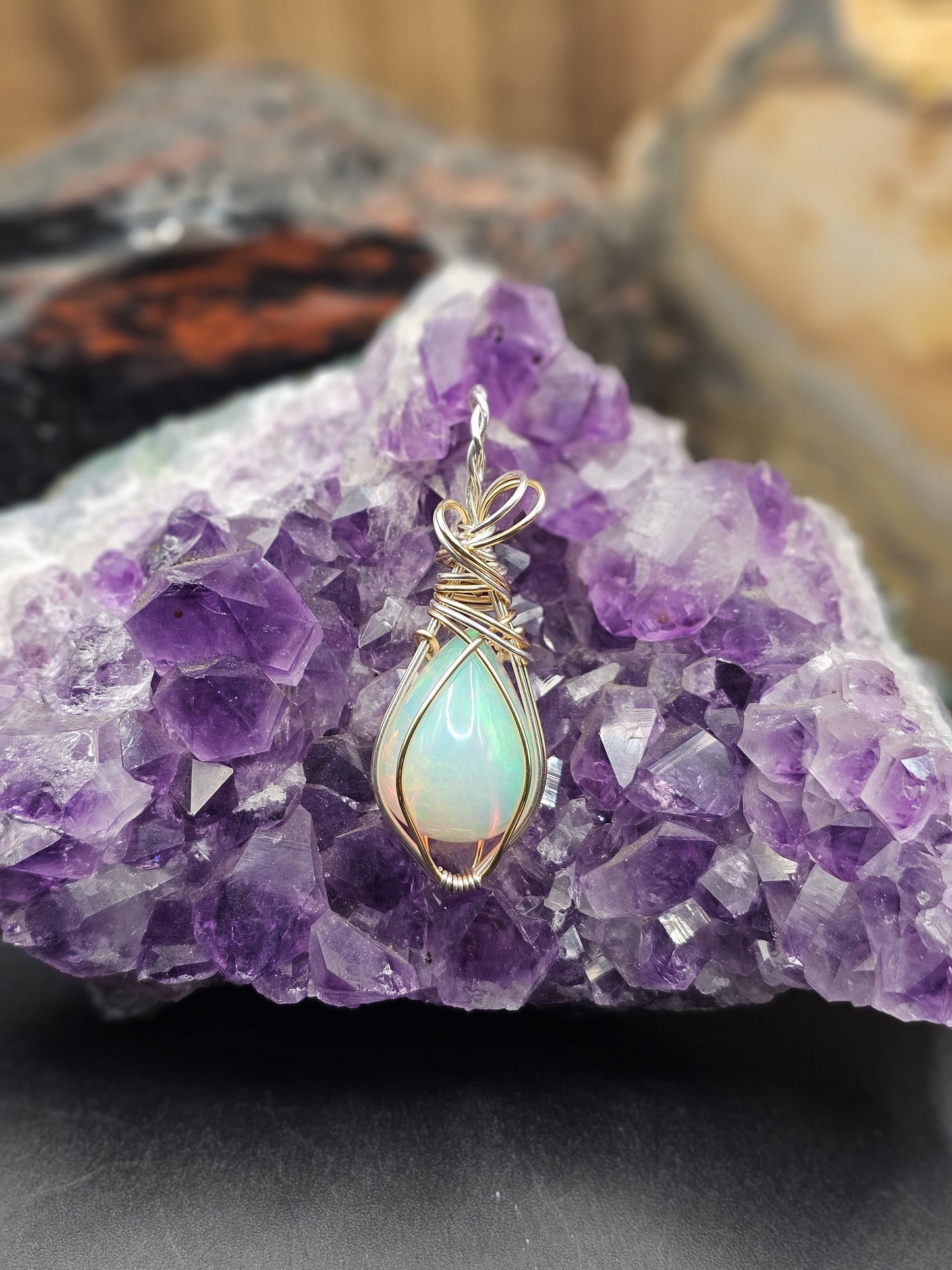 15k Ethiopian Opal 14k Gold Filled And Argentium Silver Wire Wrapped Necklace