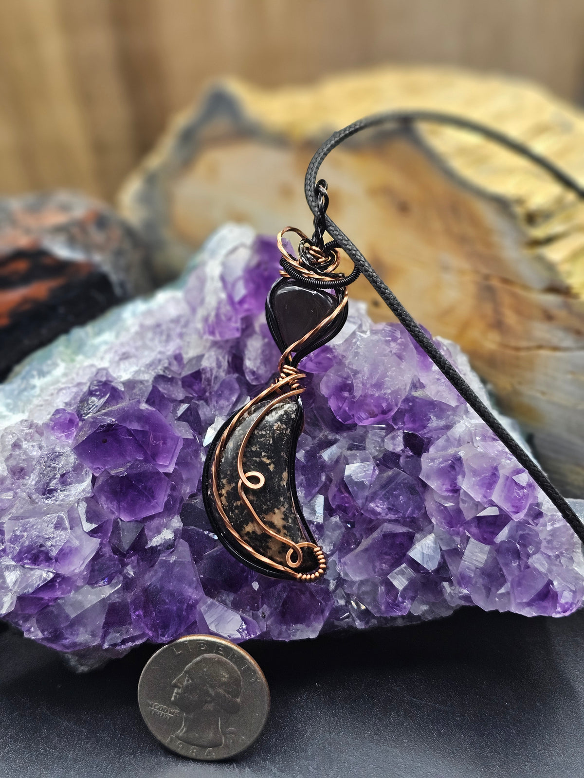 Crescent Moon Agate and Apache Tear Necklace