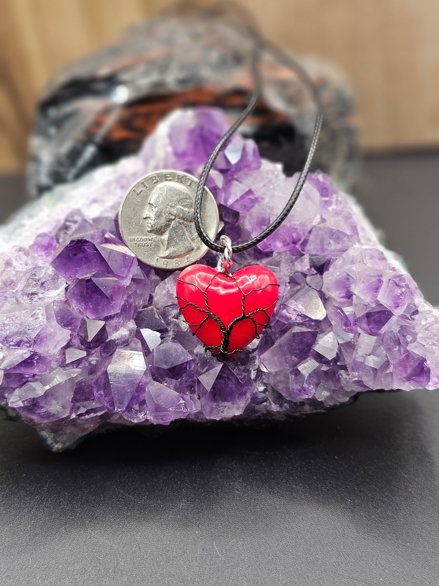 Red Glass Heart Tree of Life Necklace