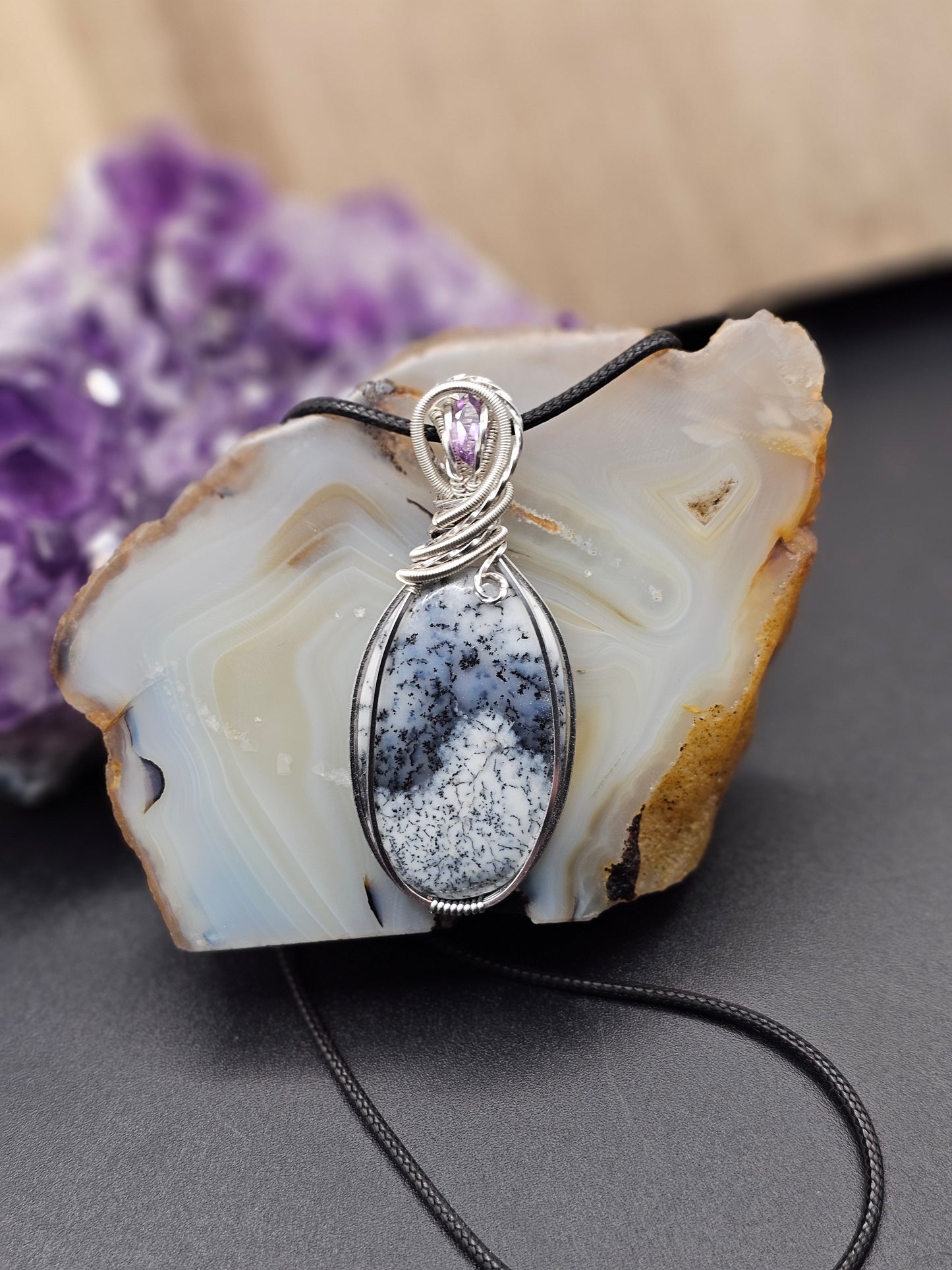 Dendritic Opal with Faceted Amethyst Necklace