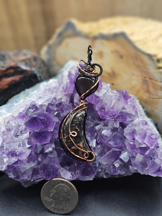 Crescent Moon Agate and Apache Tear Necklace