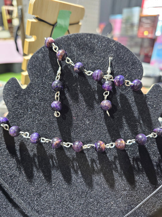 Purple Tigers Eye Necklace, Bracelet, Earrings