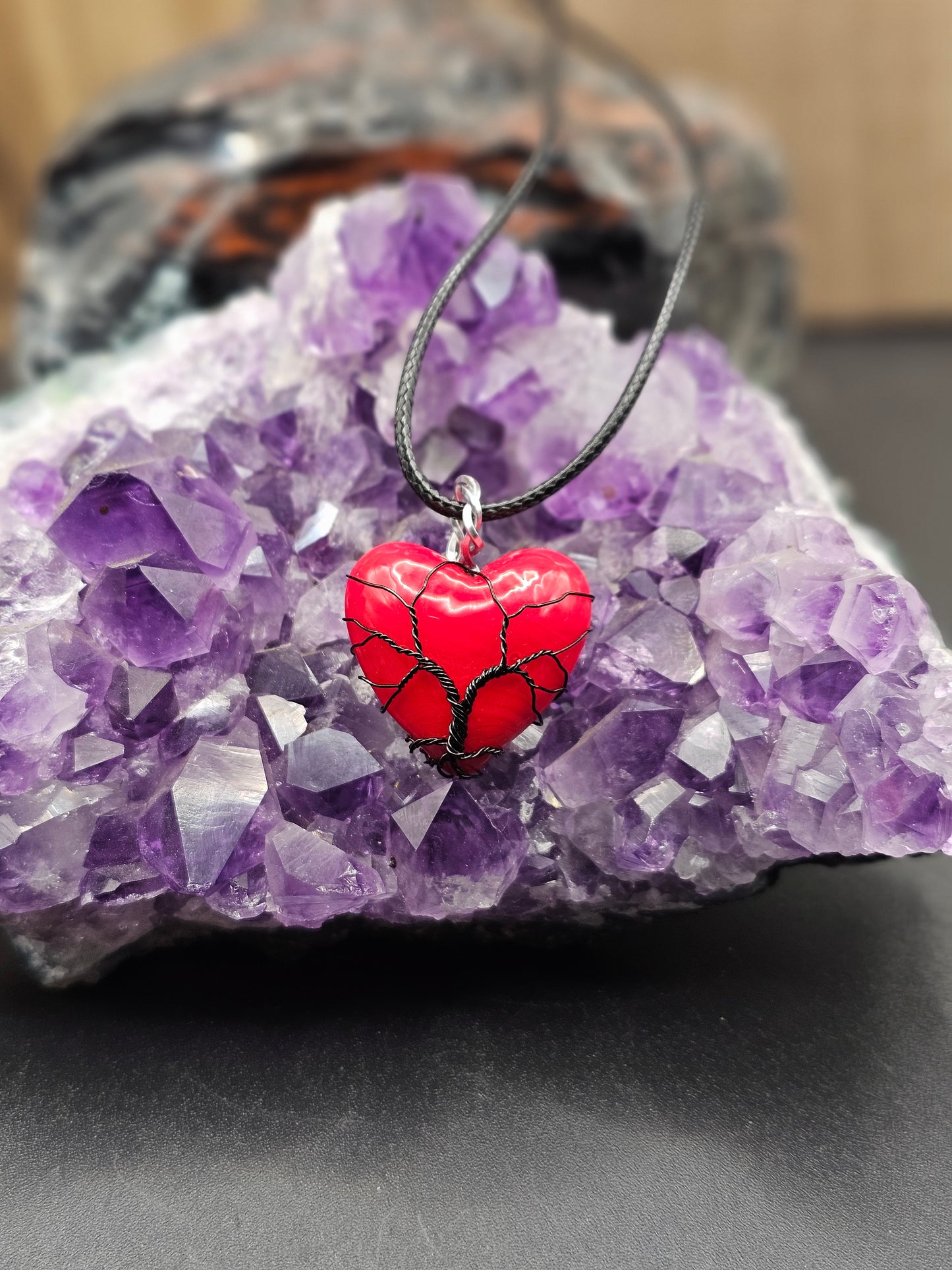 Red Glass Heart Tree of Life Necklace