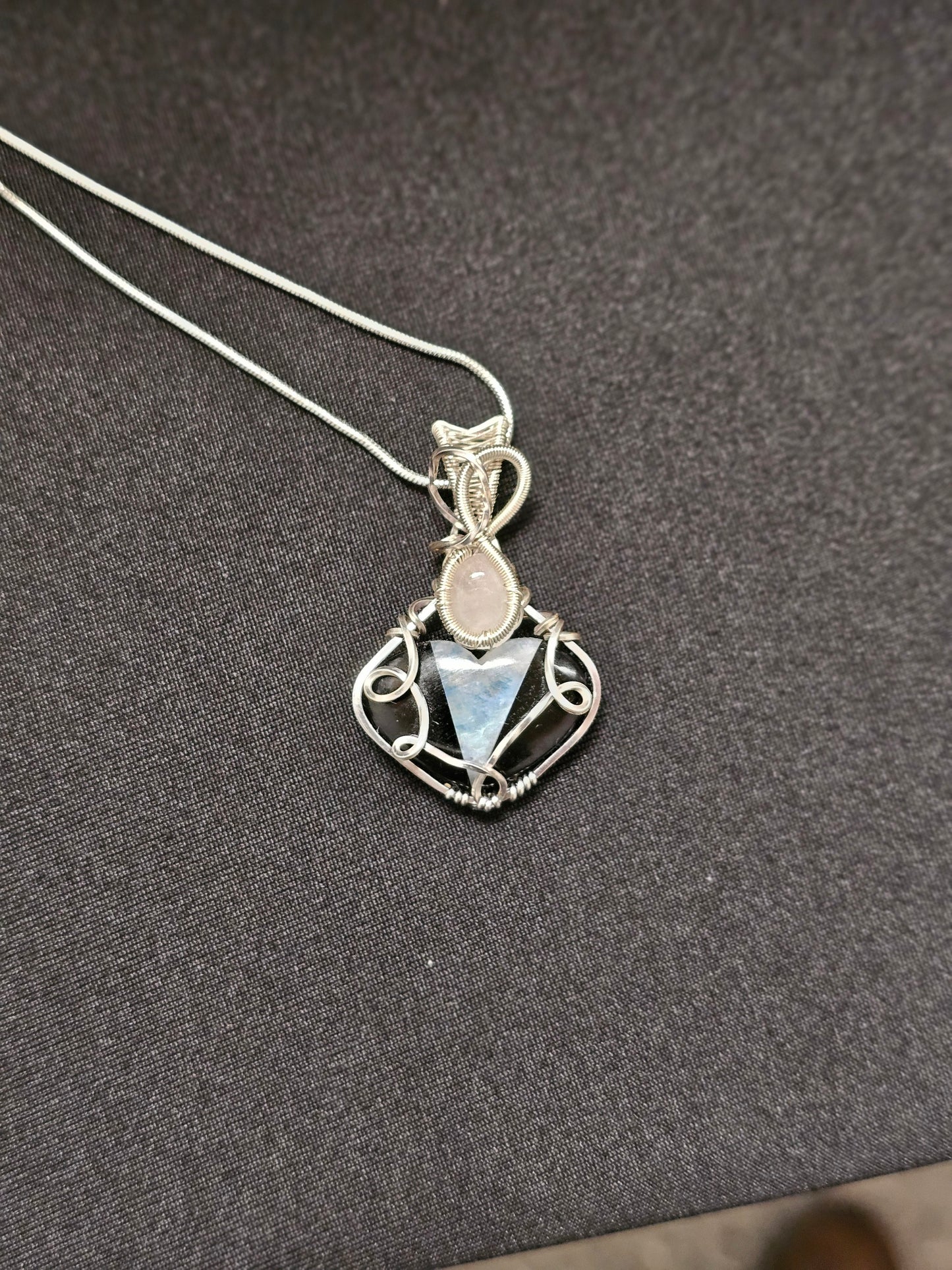 Onxy Moonstone Heart Necklace with Rose Quartz