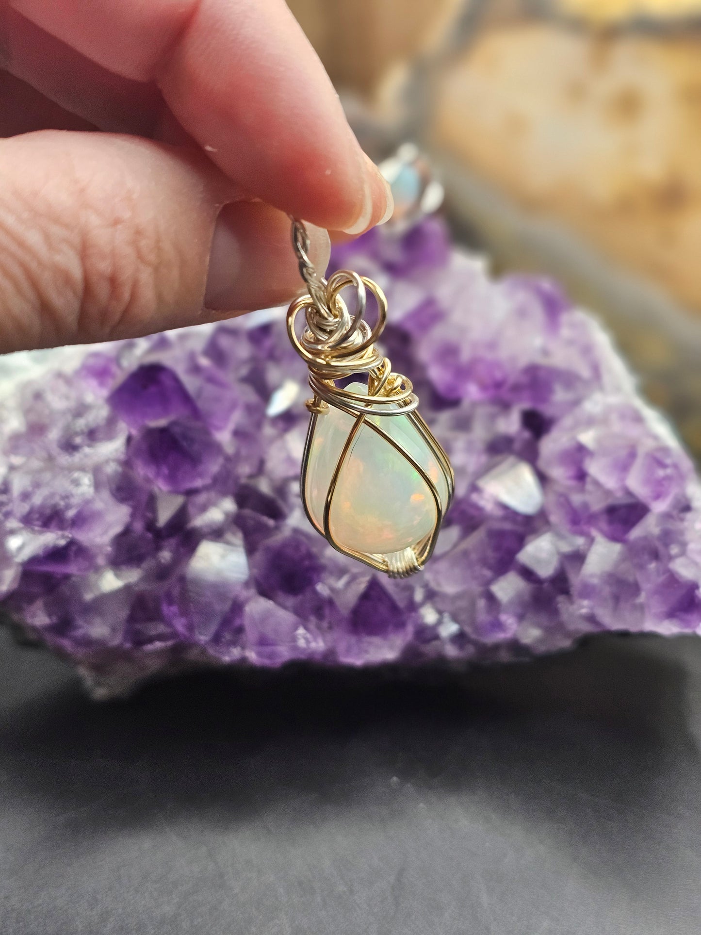 15k Ethiopian Opal 14k Gold Filled And Argentium Silver Wire Wrapped Necklace
