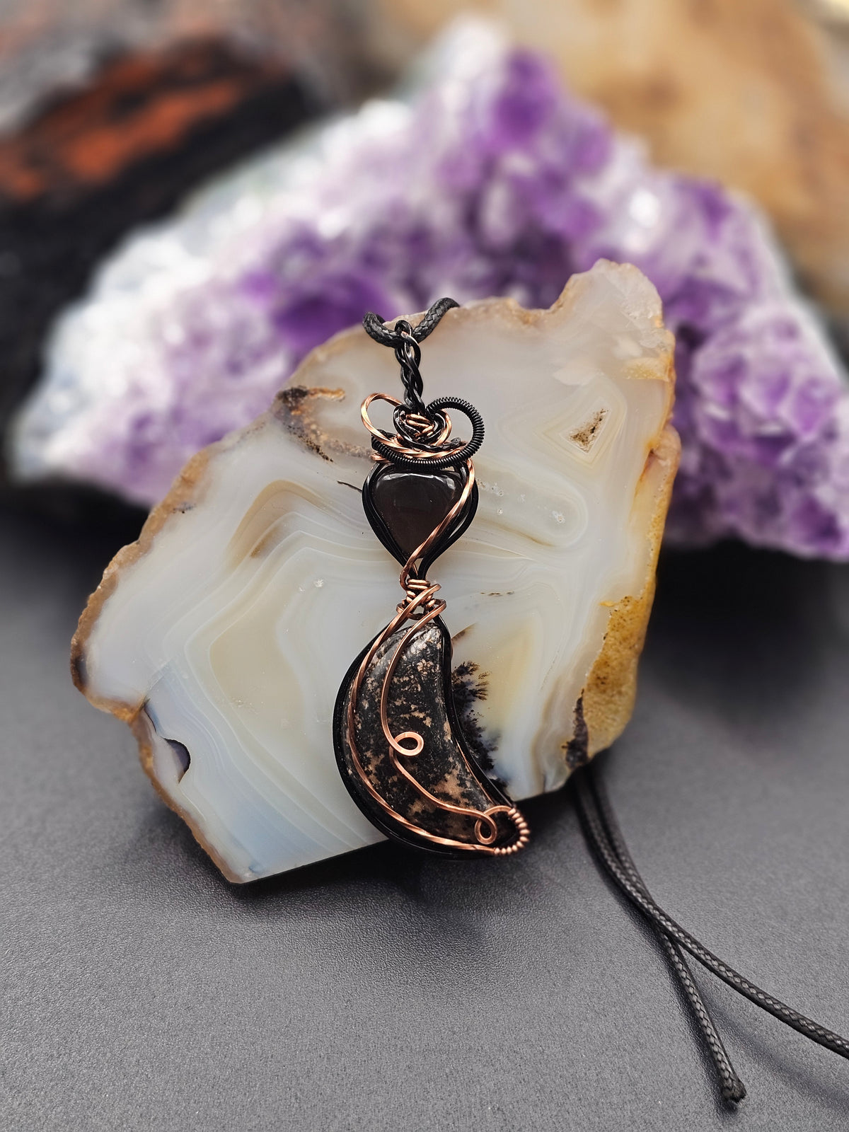 Crescent Moon Agate and Apache Tear Necklace