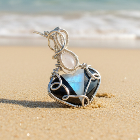 Onxy Moonstone Heart Necklace with Rose Quartz