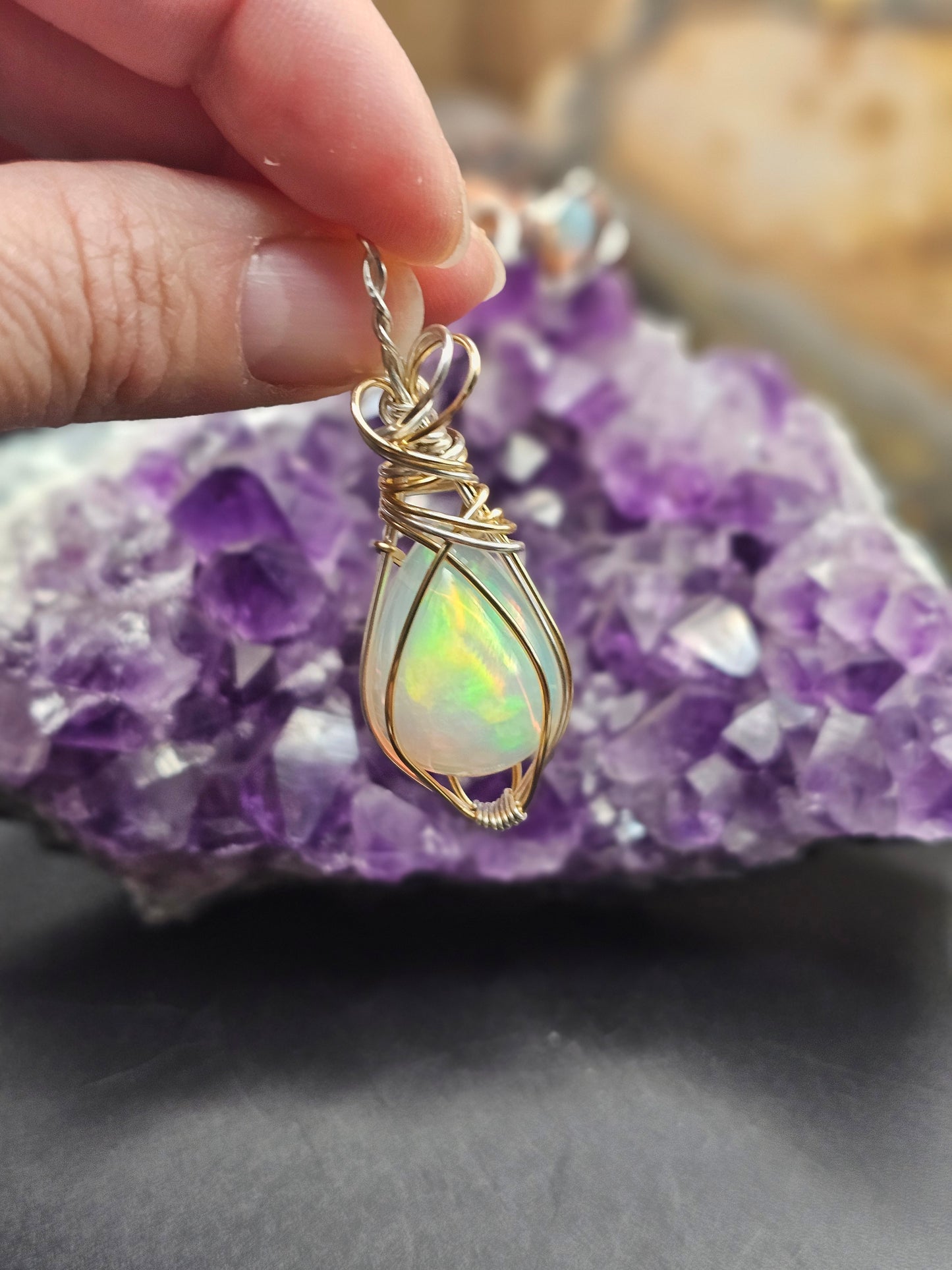 15k Ethiopian Opal 14k Gold Filled And Argentium Silver Wire Wrapped Necklace